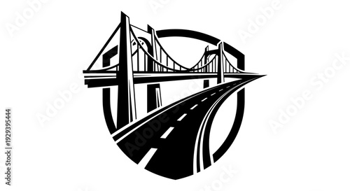 Dynamic monochrome emblem featuring a bridge and winding road within a circular frame.