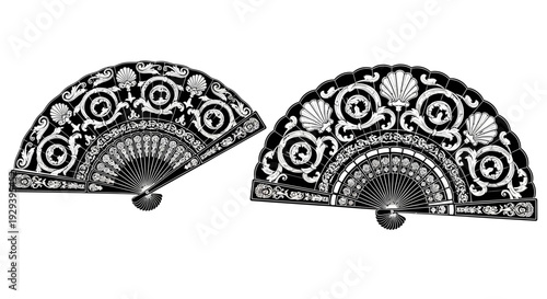 Vintage Hand Fan Illustration: Ornate Lace and Shell Designs
