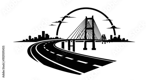 Dynamic Road Leading to Modern Cable-Stayed Bridge Silhouette.