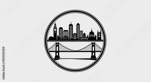 Iconic Cityscape and Bridge Silhouette within a Circular Frame.