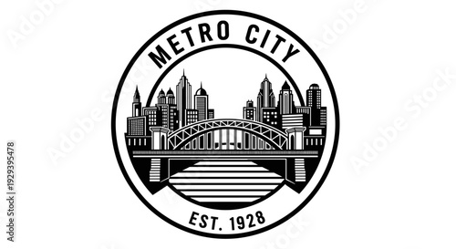 Metro City Est 1928 urban skyline bridge river black and white emblem.