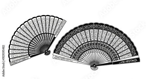 Vintage Hand Fans, Ornate Pattern, Open, Decorative, Black and White Illustration