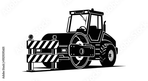 Road Roller Construction Vehicle Black and White Illustration.