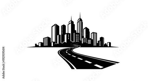Road leading to a modern city skyline with tall buildings.