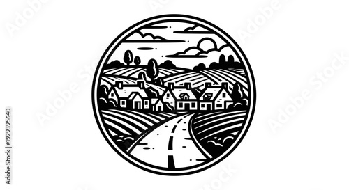 Rural village landscape with houses and fields in a circular frame.