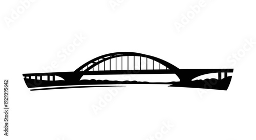 Silhouette of a modern arch bridge spanning a river.