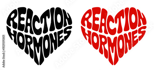 Heart-shaped sticker set featuring "REACTION HORMONES" in colorful and black design