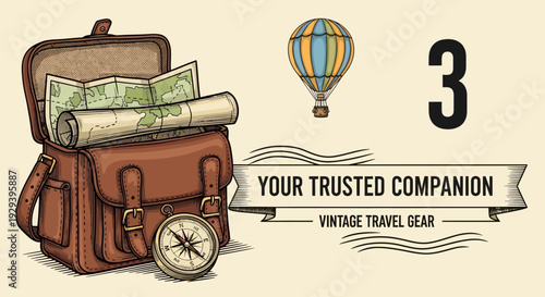 Vintage Leather Satchel with Map, Compass, Hot Air Balloon, and 'Your Trusted Companion' Text