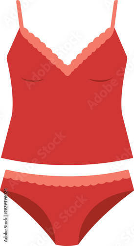 Minimalist flat vector illustration of a matching red camisole top and lace-trimmed panties set. Stylish undergarment icon for fashion retail, lingerie branding, and apparel design.