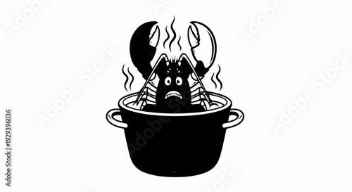 A cartoon lobster is depicted in a pot, looking scared and steaming