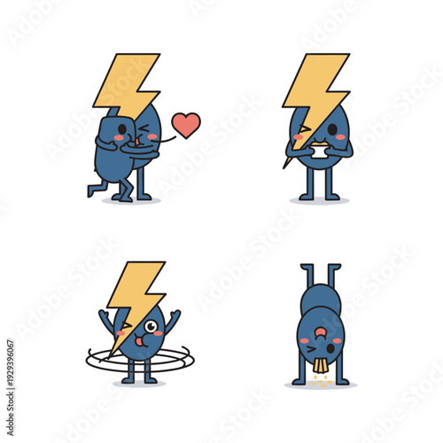 Cartoon blue characters with lightning bolt symbol expressing different emotions and actions