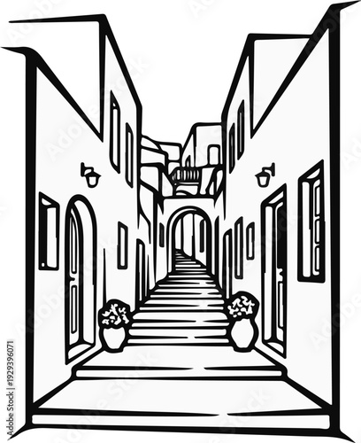 A charming, sun-drenched alleyway with white buildings and potted plants lining a stairway