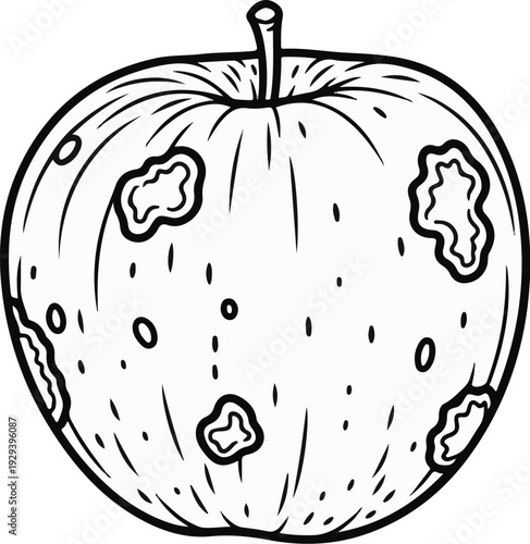 A black and white line drawing of an apple with blemishes and spots