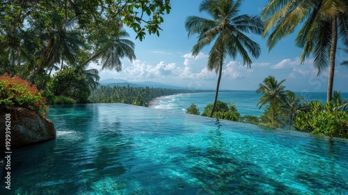 Crystal clear infinity pool offers a panoramic tropical ocean view. Ideal for promoting luxury travel, resorts, and peaceful escapes.