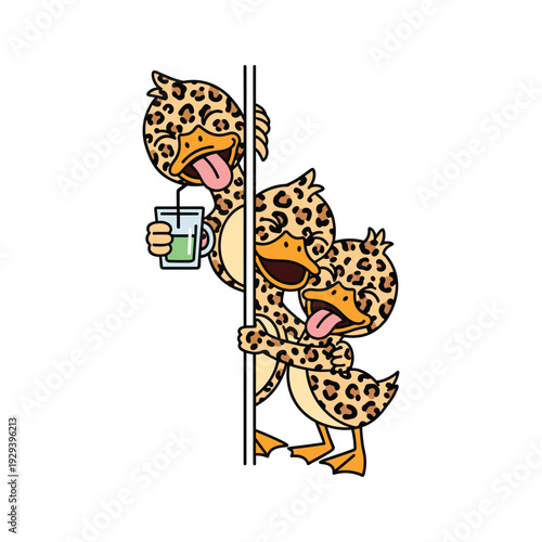 Cheetah ducks peeking behind wall with drinks in a funny cartoon style