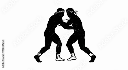 Two silhouetted figures engaged in a wrestling match, wearing headbands