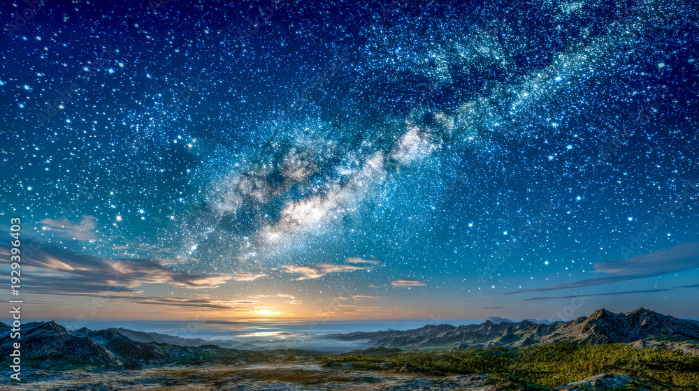 Fototapeta premium Starlit night blankets a majestic mountain range under the shimmering glow of the Milky Way and the rising sun illuminating the horizon
