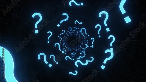 Glowing blue question marks swirling in spiral tunnel, dark background