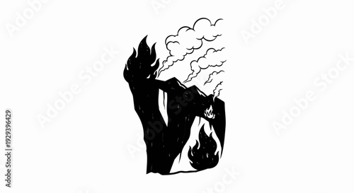 Stylized black ink depiction of a fiery mountain landscape with smoke
