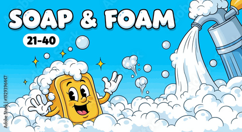 Cartoon soap character enjoying suds under a flowing water tap against a blue backdrop