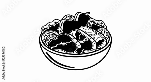 Stylized black and white illustration of a bowl filled with sliced raw steaks and vegetables