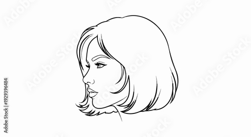 Stylized black and white line art portrait of a woman's profile with bobbed hair