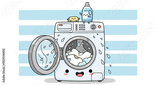 Cartoon washing machine with smiling soap and detergent bottle