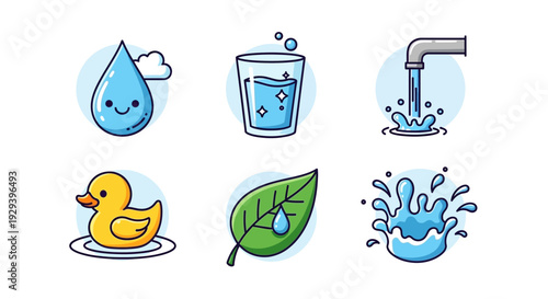 Cartoon water elements drop glass tap duck leaf and splash icons