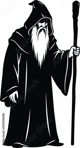Wizard silhouette vector illustration with staff, mystical old sorcerer character in hooded robe, black and white fantasy design