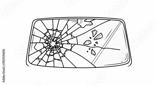 Line drawing of a severely cracked and shattered windshield