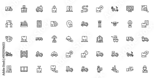 Delivery icon set. Vector collection of shipping and logistics symbols. Includes truck, warehouse, package, drone, tracking, express delivery, courier, inventory and more. Editable stroke.
