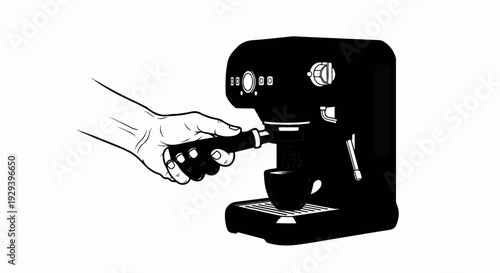 Hand operating coffee machine, brewing espresso into a small cup