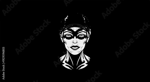 Striking monochrome graphic portrait of a person with a helmet and mask