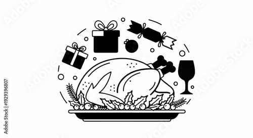 Festive roast turkey with gifts, ornament, cracker, and wine glass