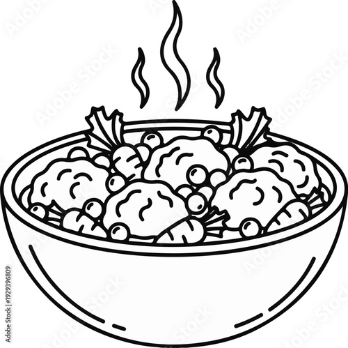 Steaming bowl of stew with vegetables and round meat pieces