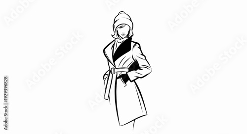 Fashionable woman in trench coat and beanie, drawn with bold strokes