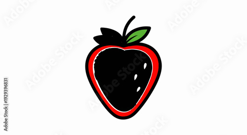 Stylized black and red strawberry icon with green leaves on white
