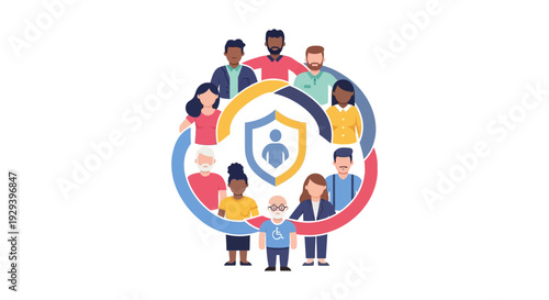 Diverse Community Protection Circle - Social Security, Inclusive Support & Healthcare Network Vector Illustration