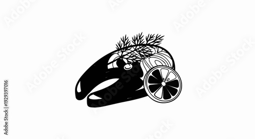 Stylized fish head with dill and citrus slice, black and white graphic