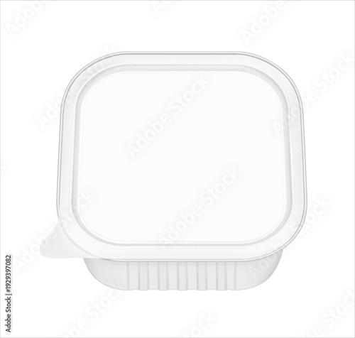 Realistic square aluminium foil tray with lid mockup. Vector illustration isolated on white background. Flat lay view. Can be use for food, wet food, pate and etc. Ready for your design. EPS10.