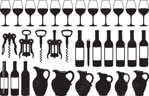 Black silhouette illustrations of wine glasses, corkscrews, bottles, decanters, bottle opener, wine accessories collection, beverage containers, bar tools, drinkware design