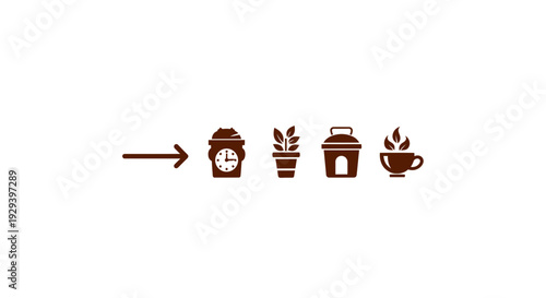Conceptual icon set time clock plant bin and coffee cup illustrations