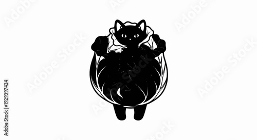 Whimsical black cat peeking out from behind leafy green petals, a stylized depiction