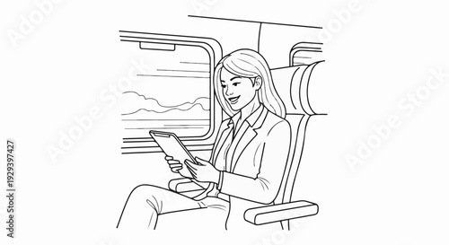 Woman with tablet in train window view