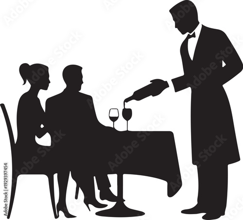 Silhouette of waiter pouring wine for couple at restaurant table