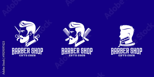 barbershop logo collection with classic beard and hairstyle icons for branding and marketing