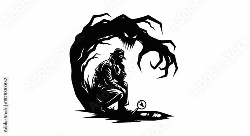 Silhouette of a detective contemplating under a sinister, gnarled tree