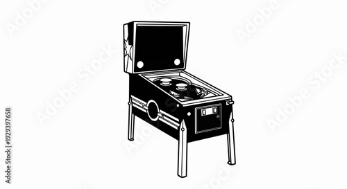 Black and white illustration of a classic pinball machine with flippers and a scoreboard