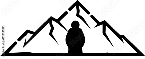 Silhouette of a person standing before a stylized mountain range
