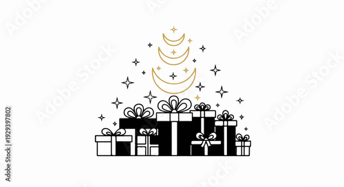 Pile of black and white gifts with starry crescent moon above